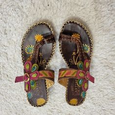 Pre Worn Used Only A Few Time Like Brand New Leather Sandals With Floral Print And Round Toe, Spring Floral Print Leather Heels, Multicolor Leather Slip-on Heels, Multicolor Leather Bohemian Heels, Multicolor Bohemian Leather Heels, Bohemian Multicolor Leather Heels, Spring Step Shoes, Tooled Leather, Leather Tooling