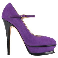 Yves Saint Laurent S/S 2007 "Tribute Mary Jane" purple suede platform pumps. Purple suede trimmed with thin black patent leather piping. Thin purple suede Mary Jane style strap with adjustable gold-tone buckle. Peep toe. Purple suede-covered platform & black patent leather-covered high stiletto heel. MSRP $650. Extra pair of heel tips included. Original box included with domestic shipping. Marked Size: "37". Ysl Suede, Heels Fancy, Purple People, Purple Pumps, People Eater, Mary Jane Platform Shoes, Purple Things, Wearing Purple, Yves Saint Laurent Shoes