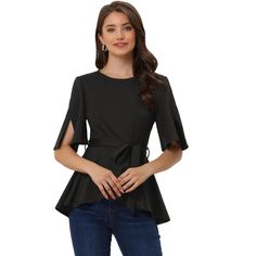 This blouse features a belt-tie design that is both timeless and fashionable, making it perfect for any casual occasion. This split-sleeve design creates easy layering, making it perfect for being paired with your favorite pants or skirts. This crew-neck peplum blouse delivers a classic and edgy look that never goes out of style. This fashion and versatile design is suitable for business and going out. Wear this women's ruffle blouse to complete a fresh look in daily life, whether you're looking Casual Belted Tops For Work, Elegant Belted Top For Summer, Elegant Belted Summer Top, Elegant Summer Belted Top, Spring Workwear Belted Tops, Short Sleeve Tie Waist Tops For Work, Elegant Short Sleeve Top With Tie Sleeves, Short Sleeve Tops With Tie Waist For Work, Tie Waist Short Sleeve Tops For Work