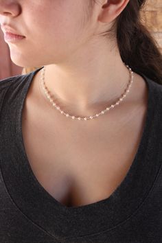 Pearl Beaded Necklace, June Birthstone, White Freshwater Pearl Choker Necklace, Layering Minimalist Jewelry, Dainty Gift for Mother's Day This simple, delicate and feminine necklace features white freshwater pearls wire wrapped in your choice of Gold Filled or Sterling Silver. This is a simple, classic and elegant necklace that is perfect on its own, or layered with other pieces. Necklace closes with lobster clasp and comes with a 2 inch extender regardless or the size you order, this will be he Dainty Pearl Necklace With Gemstone Beads, Dainty Pearl White Beaded Necklace For Everyday, Dainty Everyday Beaded Pearl Necklace, Pearl Chain Crystal Necklaces For Jewelry Making, Delicate Gemstone Beaded Necklaces, Everyday Delicate White Crystal Necklace, Delicate Single Strand Beaded Necklace For Gift, Delicate Single Strand Beaded Necklace As Gift, Adjustable Minimalist Pearl Necklace With Beaded Chain