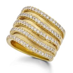 Chic And Sophisticated: Elevate Your Style With This Exquisite 18k Yellow Gold Ring, Featuring A Unique Wave Design With Five Rows Of Sparkling Diamonds. Boasting 1.55 Carats Of Brilliant Round Diamonds, G-H Color, And Vs2-Si1 Clarity, This Ring Perfectly Balances Elegance And Modern Flair. The Polished And Brushed Finishes Add Depth, Making It A Standout Piece. Ideal For The Discerning Woman Who Values Timeless Luxury, This Ring Is In Excellent Condition And Comes With A Storage Pouch. It Can Be Resized To Ensure A Perfect Fit. Product Specifications: * Material: 18k Yellow Gold * Diamonds: 1.55 Carats, G-H Color, Vs2-Si1 Clarity * Width: 18mm * Height: 3mm * Weight: 16.9 Grams * Ring Ring Unique Design, Timeless Luxury, Wave Ring, 18k Yellow Gold Ring, Wave Design, Ring Unique, Yellow Gold Ring, Wide Bands, Sparkle Diamonds