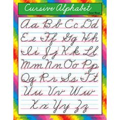 the cursive alphabet is shown in rainbow tie - dyed paper with black ink