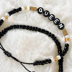 QUEEN ENERGY -.-.-.-.-.-.-.-.-.-.- Black and White Letter Beads with Gold Arrows and Black and White Seed Beads on Adjustable Cord AND Black Seed Bead Adjustable Cord Bracelet -.-.-.-.-.-.-.-.-.-.- Adjustable, wax-coated, and waterproof bracelet stacks! These beauties are perfect for all year round! -.-.-.-.-.-.-.-.-.-.- *All bracelets are handmade and may vary from the pictures.If colors are no longer available a message will be sent to you with options.* **Bracelets are made from wax coated po Adjustable Cord Bracelet, Queen Energy, Bracelet Stacks, Black Seed, Cord Bracelet, Letter Beads, White Letters, Cord Bracelets, May 21