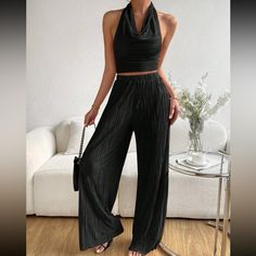 Black Backless Halter Top And Wide Leg Pant Set Nwot Never Worn Versatile Black Party Bottoms, Backless Halter Top, Black Two Piece, Flowy Pants, Wide Leg Pant, Pant Set, Summer Top, Halter Top, Wide Leg Pants