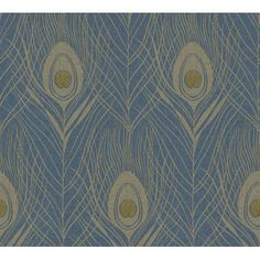 a blue and gold wallpaper with peacock feathers