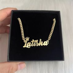 "Crown Name Necklace Metal:- Stainless Steel  Stone:- None Chain type:- Cuban Chain This is a Handmade item  Description:-  It will make you exciting to see your or your loved once name on this jewelry. Material: Stainless steel Plating: 18K Silver or Gold or Rose Gold Chain Length:-  35cm, 40cm, 45cm, 50cm If you want Solid Rose gold, Gold or Yellow Gold, let us know we can also make that for you on request.  Great for a birthday gift, a gift for a friend, anniversary gift, or even a gift for yourself! → [How to process the order] 1. Please tell us the name and font number in the 'Personalization Box' Above For Example- Jasmine + Font 1 Note: if you do not choose a font, we will make same as picture font. and select the finish, Size, etc from the menu option. 2. Now, click on \"Pay with P Customized Necklace, Arabic Necklace, English Jewelry, Name Earrings, Gold Armband, Nameplate Necklace, Gold Name Necklace, Infinity Necklace, Rose Gold Chain