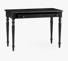 a black desk with two drawers on one side and an open drawer on the other