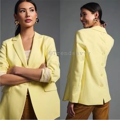 Anthropologie Button Back Blazer Jacket Suit Top Yellow Oversized Size M Nwot. Brand Name Crossed Over For No Returns. Spring Business Casual Blazer With Buttons, Classic Spring Blazer With Buttons, Trendy Tailored Outerwear With Buttons, Oversized Blazer With Buttons For Office, Oversized Office Blazer, Trendy Blazer With Button Closure For Work, Trendy Blazer With Snap Buttons For Office, Oversized Spring Blazer With Button Closure, Spring Button-up Blazer With Buttons