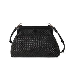 Frame clutch in woven black leather. Lined with inside zipper pocket and detachable shoulder straps. Luxury Black Handwoven Shoulder Bag, Woven Clutch, Leather Frame, Leather Frames, Leather Clutch Bag, Black Image, Everyday Tote, Leather Clutch Bags, Monogrammed Items