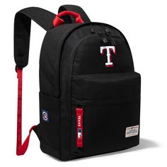 MLB OFFICIAL BASEBALL BACKPACK Light weight backpack , suitable for sports events, school, travelling and daily use. Made of waterproof polyester, this backpack has: Embroidered Texas Rangers logo Exterior front zipper pocket 2 main zippered compartments 2 side pockets Top carry handle (3.5") Front main compartment with organizer pockets Padded laptop compartment Quality construction, fully padded back panel and shoulder straps for cushioned comfort 14"" x 6" x 18" Sporty Backpack For College, Back To School, Black Backpack For Sports Events, Sporty Backpack For College And Back To School, Black College Bag For Back To School, Sporty Backpack For Sports Events, Back To School Black College Bag, College Backpack For Back To School, Sporty Softback Backpack For Students, Casual Nylon College Backpack