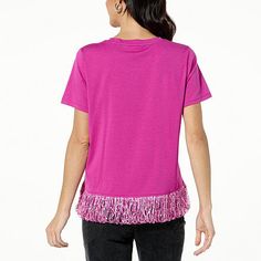 G by Giuliana Short-Sleeve Knit Top with Fringe Trim Every day is a good day to sparkle … and why not add a little fringe too? Take your everyday look from drab to fab with this classic short-sleeve tee updated with faux feather fringe and sparkling sequins. Pink Knit Top For Party, Spring Crew Neck Top With Fringe, Spring Fringe Crew Neck Tops, Casual Knit Top With Fringe, Pink Fringe Top For Spring, Pink Fringed Top For Spring, Spring Pink Fringed Tops, Spring Knit Top With Fringe, Casual Knit Party Tops