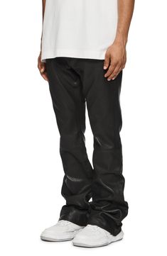 These flared pants crafted from smooth bonded leather instantly elevate your night-out options. 33" inseam, 18" leg opening; 10" front rise; 15" back rise (size 29) Button fly Front scoop pockets; back patch pockets Leather/synthetic Professional leather clean Imported Asian Owned/Founded Faux Leather Pants For Streetwear, Fitted Faux Leather Pants For Streetwear, Streetwear Straight Leg Faux Leather Pants, Faux Leather Straight Leg Pants For Streetwear, Straight Leg Faux Leather Pants For Streetwear, Fitted Leather Pants For Fall Streetwear, Edgy Black Leather Pants, Leather Bottoms For Streetwear In Fall, Faux Leather Trousers For Streetwear