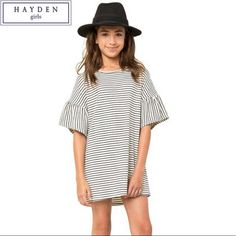 New Hayden Los Angeles Girls Grey White Striped T Shirt Boho Dress Ruffle Sleeve Size 11/12 Also Size 13/14 Available Adorable! Dress It Up Or Down! Looks Cute With A White Pair Of Converse In Fall Or Flip Flops In Summer!!! Los Angeles Girl, Dress Store, Striped T Shirt, Stripe Dress, Girls Party Dress, Kids Outfits Girls, Dresses Kids Girl, Ruffle Sleeves, Junior Dresses