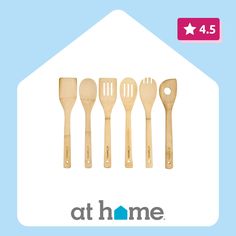 five wooden utensils are shown with the words at home on it and an image of