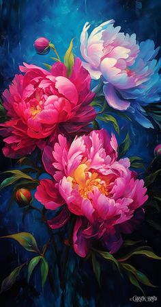 three pink and blue peonies on a dark background