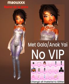 an image of a woman in silver dress with text that reads met gala / anok yai no vip change material to glitter