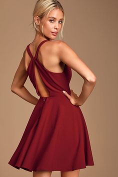 Cute Wine Red Dress - Twist Back Skater Dress - Skater Dress - Lulus Black Graduation Dress, Wine Red Dress, Ponte Knit Dress, Stretch Knit Dress, Red Cocktail Dress, Lulu Dresses, Green Satin, Dresses For Teens, Online Dress Shopping