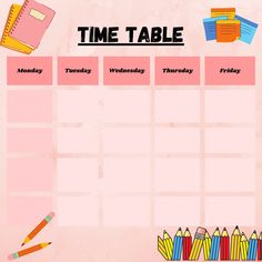 a pink timetable with pencils and books on it