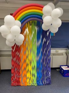 balloons and streamers are hanging from the ceiling in front of a rainbow - colored backdrop