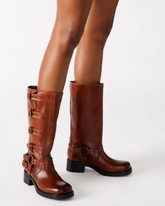 ROCKY Cognac Leather Knee-High Moto Boots | Women's Boots – Steve Madden Rocker Boots, Engineer Boots, Steve Madden Boots, An Engineer, Knee Boot, 2 Inch Heels, Moto Boots, Women's Boots, Boots Outfit