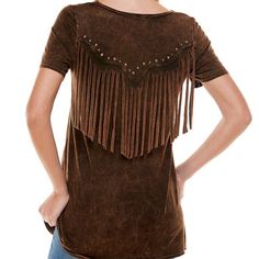 Bully Dangling Fringe & Bling Inset Top Embellished Stud T-Shirt Color: Wash Brown Size: M Material: 96% Cotton/4% Spandex Made W/ Love In U.S.A.(Prewashed) Adorable & Very Cute! Gorgeously Designed T-Shirt Top You'll Want To Show Off! Bring A Bit Of Sweet & Sass W/ Stunning Top W/ Fringe! Don’t Miss Out On This Staple! Flaunt Your Style W/ This Feelin' Fringe Top! Elevate Your Wardrobe W/ This Eccentric Yet Essential Piece Elegance Of Gorgeous Top Creates Sassy But Sweet Look That Is Easily Pai Fitted Tops With Rhinestone Fringe For Spring, Spring Short Sleeve Tops With Fringe, Spring Fitted Tops With Rhinestone Fringe, Fitted Spring Tops With Rhinestone Fringe, Brown Fringe Tops For Fall, Bohemian Embellished Tops For Fall, Bohemian Embellished Short Sleeve Tops, Brown Fringe Top For Fall, Brown Fringe Tops For Festival