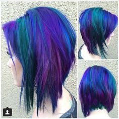 Purple Green And Blue Hair, Punky Hair Color, Purple Green Blue Hair, Blue And Green Hair Short, Space Hair Color, Vivid Short Hair, Purple And Green Hair Short, Blue And Green Hair, Purple And Blue Hair