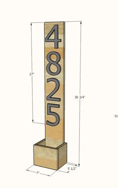 a wooden sign with the number four on it and measurements for each letter in front