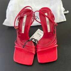 Brand New Zara Women's 3" High Heel Strappy Sandals Red Size Us:6 , Wrap Around The Ankle Strap Red Open Heel Sandals For Party, High Heel Sandals With Red Sole For Spring, Spring High Heel Sandals With Red Sole, Red Closed Toe Heels For Summer, Red Open Heel Sandals For Summer, Red High Heel Sandals For Evening, Red High Heel Sandals With Heel Loop, Summer Red Heels With Red Sole, Red Heels With Red Sole For Summer