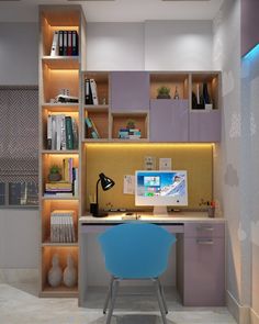 a computer desk with a blue chair in front of it and bookshelves behind it