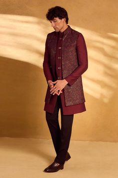 Maroon jacket with sequin embellished geometric patterns. Comes with embellished button sherwani and pant. - Aza Fashions Maroon Sherwani, Maroon Jacket, Cocktail Reception, Sequin Jacket, Geometric Patterns, Mandarin Collar, Aza Fashion, Pure Silk, Types Of Sleeves