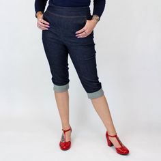 High, Sturdy, And Stylish! Pair This Amazing Blue Capris With Any Top. The Material Is Thick, Hugs Your Body Nicely, And Is Long Enough To Cuff Rockabilly Style. Pair With Chucks, Heels, Or Strappy Flats. Get The Jean Look With This Denim-Like Material. -98% Cotton, 2% Spandex -Handcrafted In The Usa -Machine Washable Measurements Are In Inches Sizes.......Waist.......Hips.........Length X-Small.....27..........32-35........39½ Small........28.......33-36........40 Medium....29..........35-38... Fitted Knee-length Denim Jeans, High Waist Denim Blue Capris With Pockets, Dark Wash Denim Knee-length Bottoms, Casual Fitted Knee-length Jeans, Non-stretch High Waist Blue Capris, High Waist Non-stretch Blue Capris, Fitted Denim Blue Knee-length Bottoms, Denim Blue Cropped Leg Capris With Pockets, Cropped Leg Bottoms With Pockets