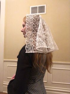 White d-veil. Fully covering, medium length. Clip sewn in. Great size for girls but works for adult women too! Fitted White Veil, Wedding Veil With Lace Work, Lace Trim Veil, Mass Veil, Catholic Veil, Veil Lace, Chapel Veil, Wedding Veil Accessories, Lace Veil