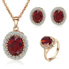 Yoursfs Kate Middleton Style Oval Gem 18k Gold Plated Nec… Red Jewelry Set, Ruby Earring, Red Crystal Necklace, Fine Gold Jewelry, Middleton Style, Ruby Pendant, Necklace Ring, Fashion Jewelry Sets, Ruby Earrings