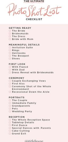 the ultimate photo shoot checklist is shown in this pink and white printable poster