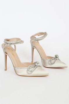 Satin Heels With Rhinestones And Pointed Toe, Satin Heels With Rhinestones For Wedding, Chic Cream Embellished Heels, Chic Embellished Cream Heels, Party Cream Embellished Heels, Satin Heels With Rhinestones For Prom, Cream Embellished Party Heels, Glamorous Cream Pointed Toe Heels, Glamorous Embellished Satin Heels