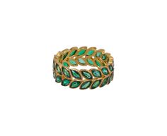 Elegant and luxurious, wear this Cathy Waterman band as an earthy symbol of marriage, anniversary or other significant occasion. The 22K yellow gold band is a series of emerald laurel leaves which interlock and repeat to form a continuous design. Each stone is set in a blackened milgrain bezel. Alone or paired with a diamond solitaire, this ring is a modern classic. emerald : 2mm x 4mm each22K yellow gold band width : 7mmavailable size : 7.25please contact us for sizing options 22k Gold Green Jewelry For Anniversary, Green 22k Gold Jewelry For Anniversary, Cathy Waterman Jewelry, Violet Earrings, Coin Pearl Necklace, Geometric Hoop Earrings, Hexagon Diamond, Bezel Necklace, Laurel Leaves