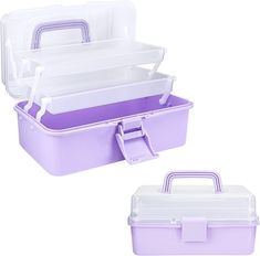 two plastic storage boxes with handles and dividers, one in purple and the other in white