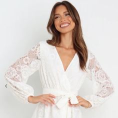 Adorable Lace Overlay White Dress With Tie Waist. Nwt. Size 8. Perfect For Upcoming Bridal Showers/Rehearsal Dinners! Lace Sleeve Dress, Black Satin Mini Dress, Halterneck Mini Dress, White Eyelet Dress, Daisy Dress, Lace Dress With Sleeves, Pleated Mini Dress, Different Dresses, Halter Mini Dress