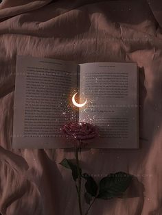 an open book sitting on top of a bed next to a rose and a crescent