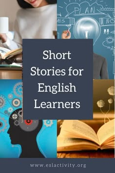 the words short stories for english learners with images of books and an image of a woman