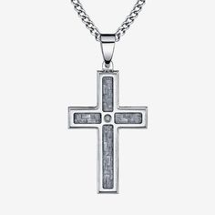 A simple diamond-accent stainless steel cross is a modern interpretation of an ageless symbol.Metal: Stainless steelStone: Diamond accentClosure: Lobster claspPendant Size: 24x49mmLength: 24”Some diamonds may consist of fewer than 17 facets.Jewelry photos are enlarged to show detail. Modern Silver Cross Pendant Necklace, Elegant Stainless Steel Cross Pendant Necklace, Modern Silver Necklace With Cross Pendant, Minimalist Silver Stainless Steel Cross Necklace, Elegant Stainless Steel Cross Necklace, White Gold Stainless Steel Crucifix Necklaces, White Gold Stainless Steel Crucifix Necklace, Minimalist Stainless Steel Cross Pendant Necklace, Minimalist Stainless Steel Cross Pendant Jewelry