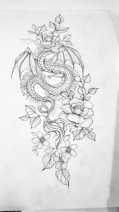 a drawing of a dragon with flowers on it