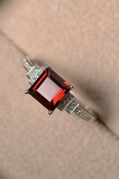 Rings Red, Sterling Silver Garnet Ring, Garnet Engagement Ring, Flower Engagement Ring, Emerald Cut Rings, Ruby Engagement Ring, Red Gemstones