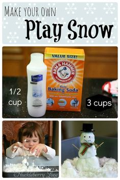 an ad for play snow with pictures of the product and instructions to make your own play snow