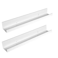 two white shelves with holes on each side and one shelf above the other, both are facing opposite directions