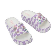 Slide into cuteness with these women's Hello Kitty & Friends single molded slide sandals featuring adorable images of Hello Kitty and My Melody ice cream cones on purple checkered backgrounds. Perfect for sizes 7.5-10, these officially licensed sandals bring a touch of whimsy to your summer style. Crafted with care from EVA materials, these slides offer both comfort and durability. Keep them looking their best with easy handwashing. Elevate your footwear collection with playful charm. My Melody Ice Cream, Shop Hello Kitty, Purple Checkered, Checker Background, Checkered Background, Hello Kitty Friends, Hello Kitty Images, Ice Cream Cones, Hello Kitty My Melody