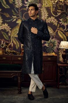 Navy blue long sherwani with sequin embroidery all over. - Aza Fashions Sherwani For Men, Kurta Men, Sequin Embroidery, Sequins Embroidery, Band Collar, Blue Silk, Embroidered Silk, Aza Fashion, Hand Embroidered