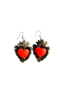 "Mexican tin heart earrings Beautiful hand painted earrings by talented artisans in Mexico.  Tin heart earrings size: 2\" All orders are shipped using Mexican Postal Service and it takes: 15-25 business days (North America). 20-30 business days (Europe). 20-35 business days (Rest of the world).  If your are in a hurry or if you would like to use another shipping service, please contact me before placing your order. The extra cost is calculated according to the package dimension and weight." Red Heart-shaped Hand Painted Jewelry, Unique Nickel-free Heart-shaped Earrings, Nickel-free Unique Heart Earrings, Enamel Heart Charm Earrings As Gift, Enamel Earrings With Heart Charm As Gift, Unique Heart-shaped Earrings, Traditional Gift Heart Earrings Pierced, Artisan Heart Earrings As Gift, Hand Painted Red Jewelry For Valentine's Day