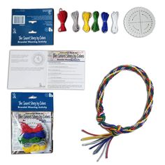 an assortment of different colored cords and accessories for making bracelets with instructions on the back