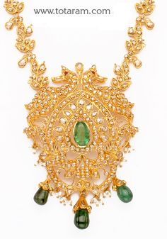 22 Karat Gold Uncut Diamond Necklace & Long Earrings Set With Emerald , Pearls & Beads 
  Gross Gold Weight of Necklace Set : 94.000 - 95.000 grams
  Weight of Uncut Diamonds : 22.55 Carats 
  Weight of Emeralds : 9.00 Carats 
  Length of the Necklace : 23.00 inches
  Length of pendant : 3.15 inches
  Width of pendant : 2.15 inches
  Length of Earrings : 1.85 inches
  Width of Earrings : 0.60 inches
  
 - 235-DS257 - in 95.000 Grams for USD $10964.99. 
Made in India by Totaram Jeweler 22k Yellow Gold Emerald Necklace For Wedding, Gold Emerald Chandbali Necklace With Intricate Design, Traditional Gold Emerald Necklace For Reception, Gold Temple Jewelry Style Emerald Necklace For Reception, Gold Emerald Necklace With Intricate Design For Reception, Gold Emerald Necklace For Reception In Temple Jewelry Style, Gold Emerald Necklace For Receptions, Temple Jewelry Style, Festive Gold Emerald Necklace For Reception, Gold Emerald Necklace For Reception